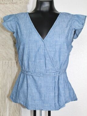 J. Crew Size 8 Light Blue Chambray Wrap, V Neck Peplum Blouse 100% Cotton